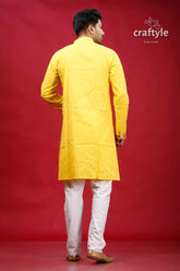 Banana yellow multithread kantha work men’s cotton punjabi vibrant traditional kurta subtle 6