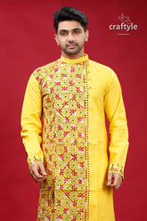 Banana yellow multithread kantha work men’s cotton punjabi vibrant kurta intricate red 4
