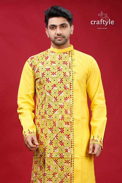 Banana yellow multithread kantha work men’s cotton punjabi vibrant kurta intricate red 4