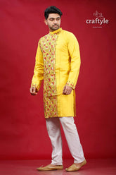 Banana yellow multithread kantha work men’s cotton punjabi vibrant kurta intricate red 3