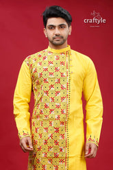 Banana yellow multithread kantha work men’s cotton punjabi vibrant kurta intricate red 2