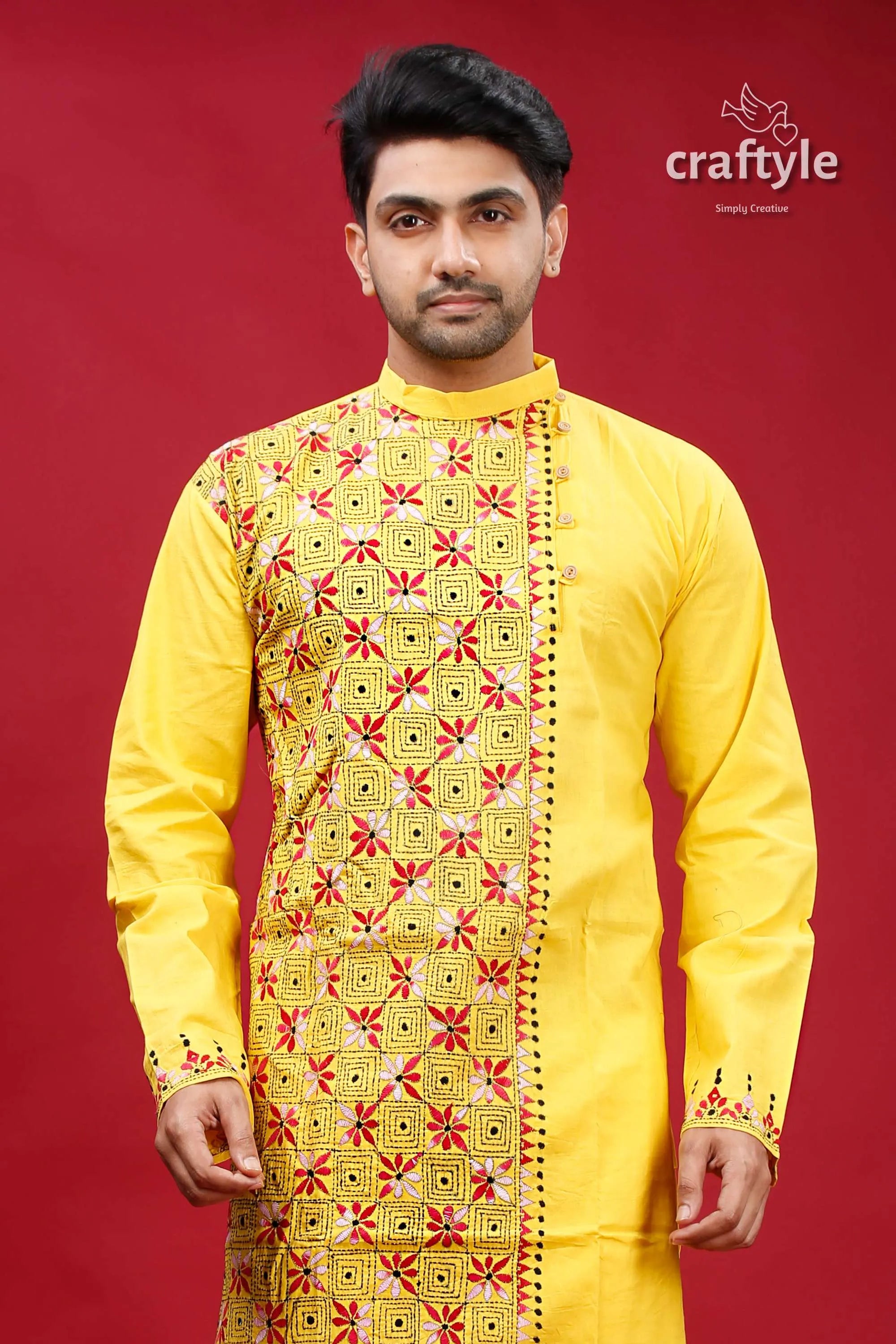 Banana yellow multithread kantha work men’s cotton punjabi vibrant kurta intricate red 2