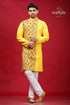 Banana yellow multithread kantha work men’s cotton punjabi vibrant kurta intricate red 1