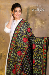 Bangalore silk kantha work dupatta embroidered black shawl floral design 3
