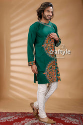 Basil green kantha work embroidered cotton mens kurta emerald intricate 3