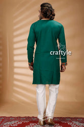 Basil green kantha work embroidered cotton mens kurta emerald traditional intricate 5