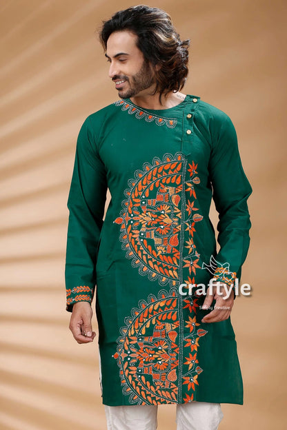 Basil green kantha work embroidered cotton mens kurta emerald men’s intricate 2
