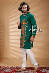 Basil green kantha work embroidered cotton mens kurta emerald intricate 4