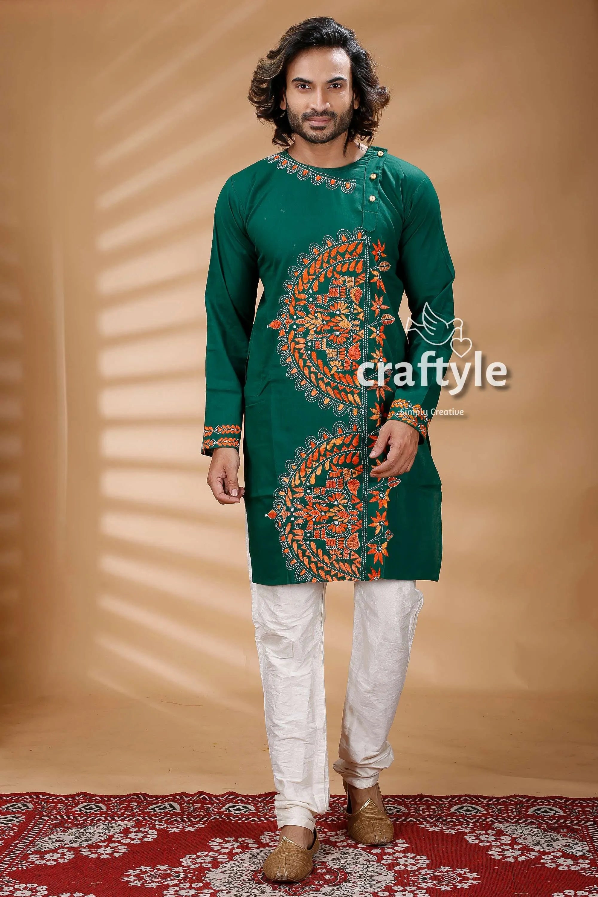 Basil green kantha work embroidered cotton mens kurta emerald intricate 1