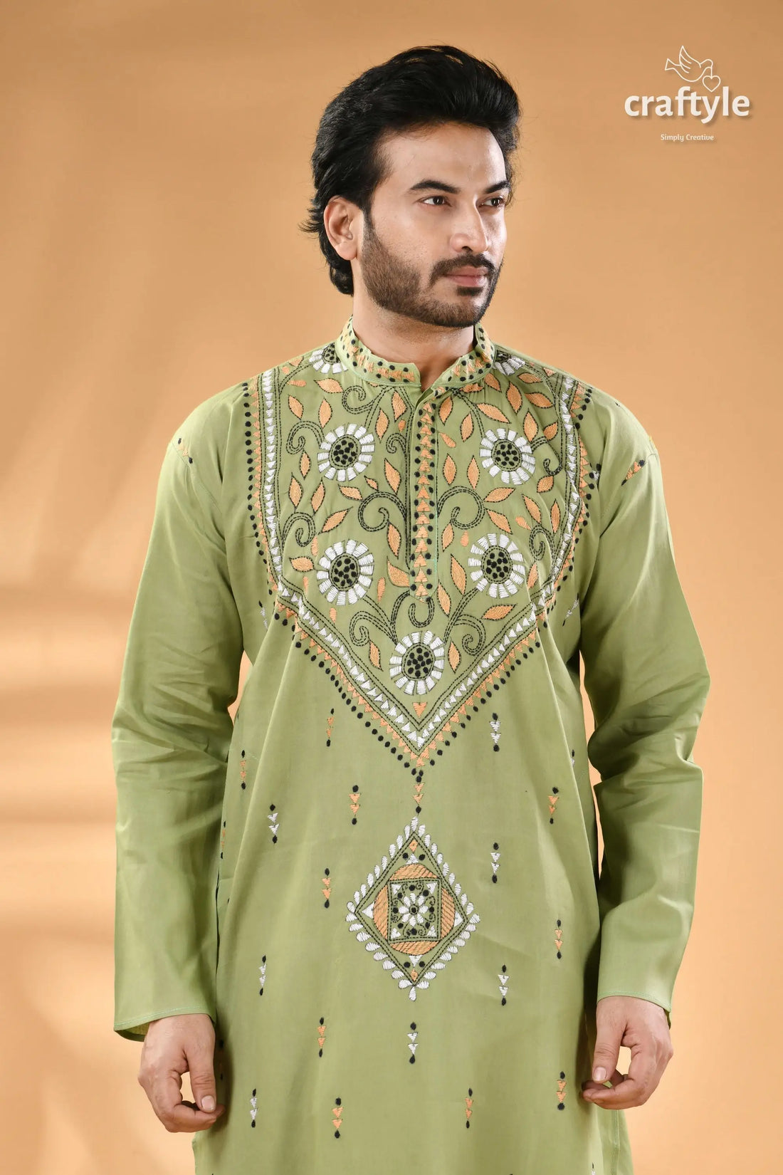 Bay leaf green kantha stitch cotton kurta for men men’s embroidered sage green kurta 2