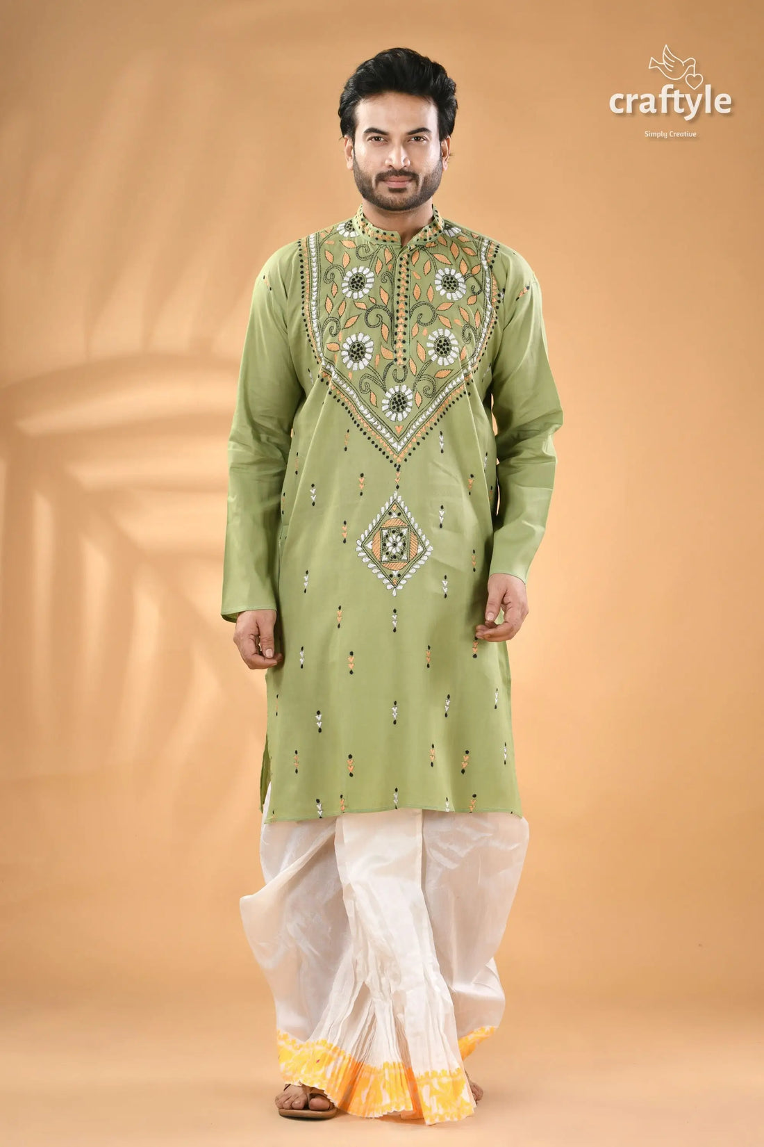 Bay leaf green kantha stitch cotton kurta for men light green embroidered men’s kurta 1