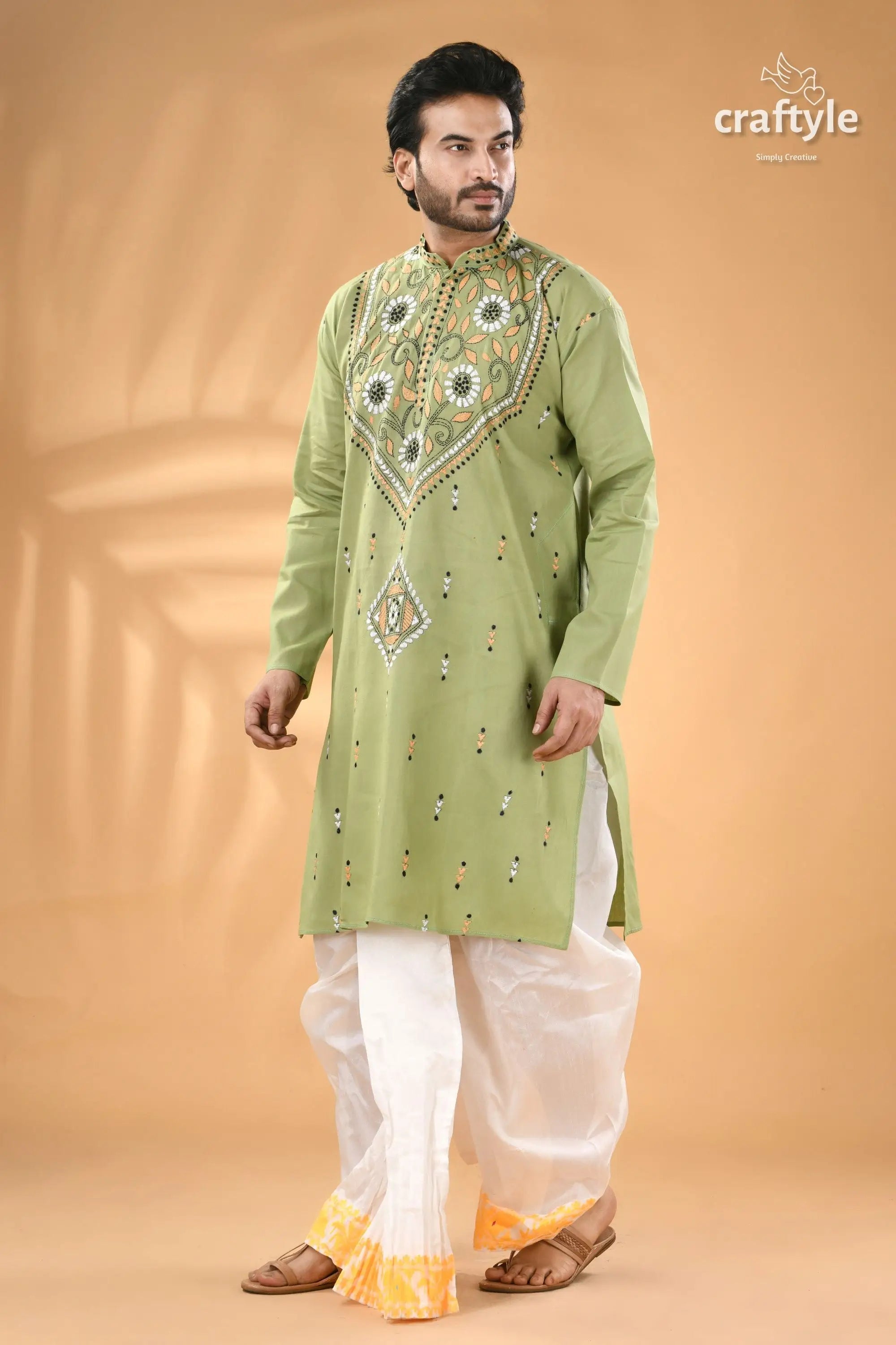 Bay leaf green kantha stitch cotton kurta for men men’s light green embroidered kurta 6