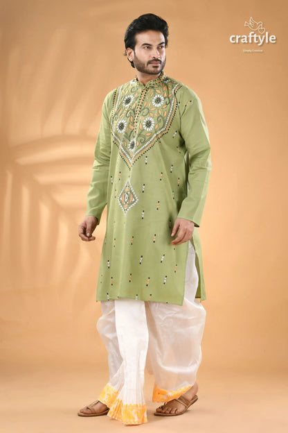 Bay leaf green kantha stitch cotton kurta for men men’s light green embroidered kurta 6