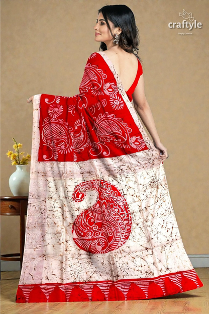 Beautiful crimson red white hand batik pure mulberry silk saree - 4