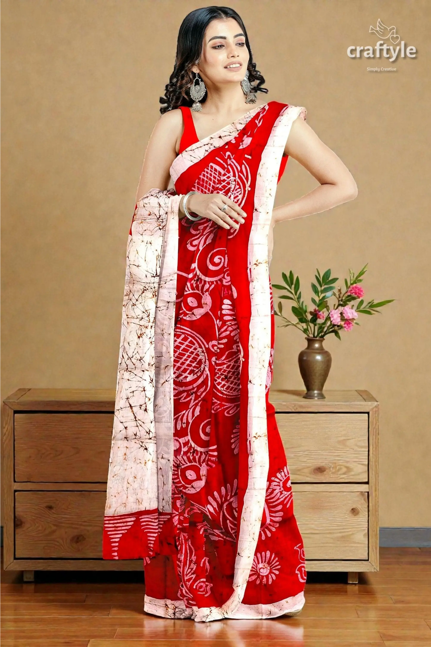 Beautiful crimson red white hand batik pure mulberry silk saree - 2