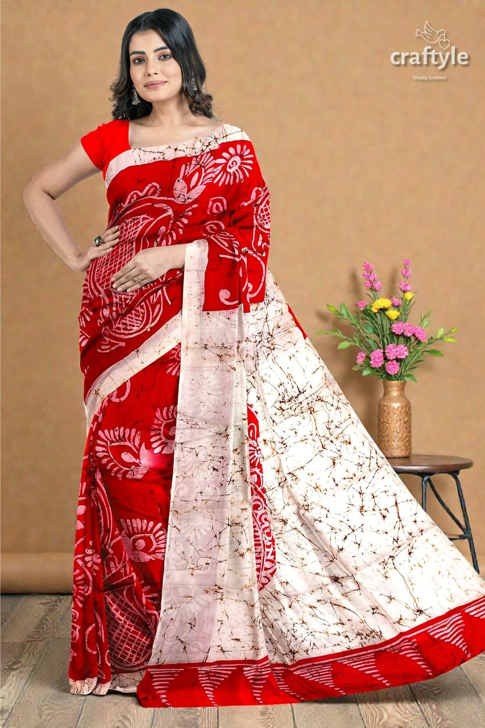 Beautiful crimson red white hand batik pure mulberry silk saree - 6