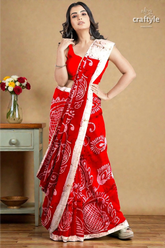 Beautiful crimson red white hand batik pure mulberry silk saree - 3