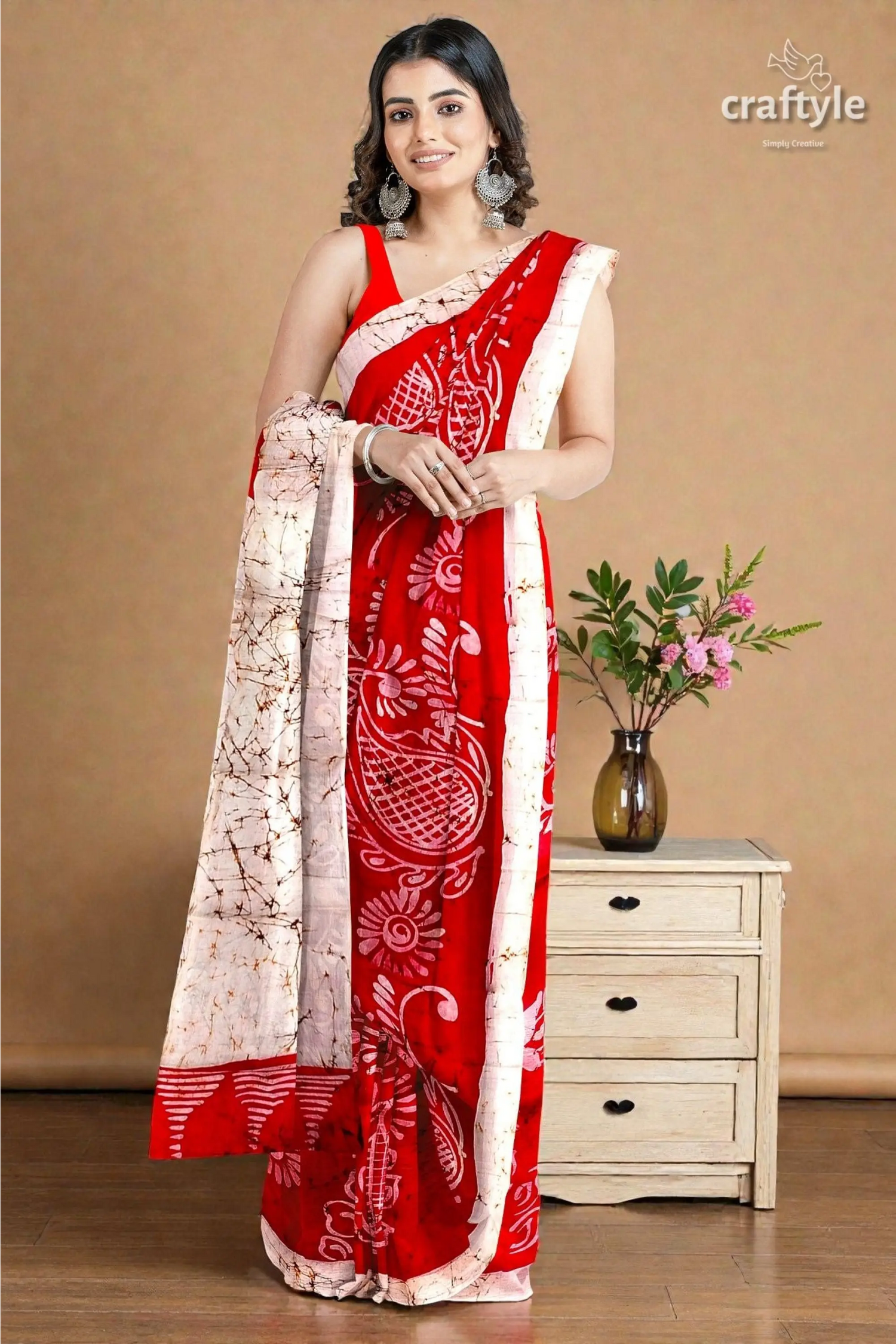 Beautiful crimson red white hand batik pure mulberry silk saree - 1