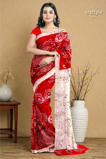 Beautiful crimson red white hand batik pure mulberry silk saree - 5