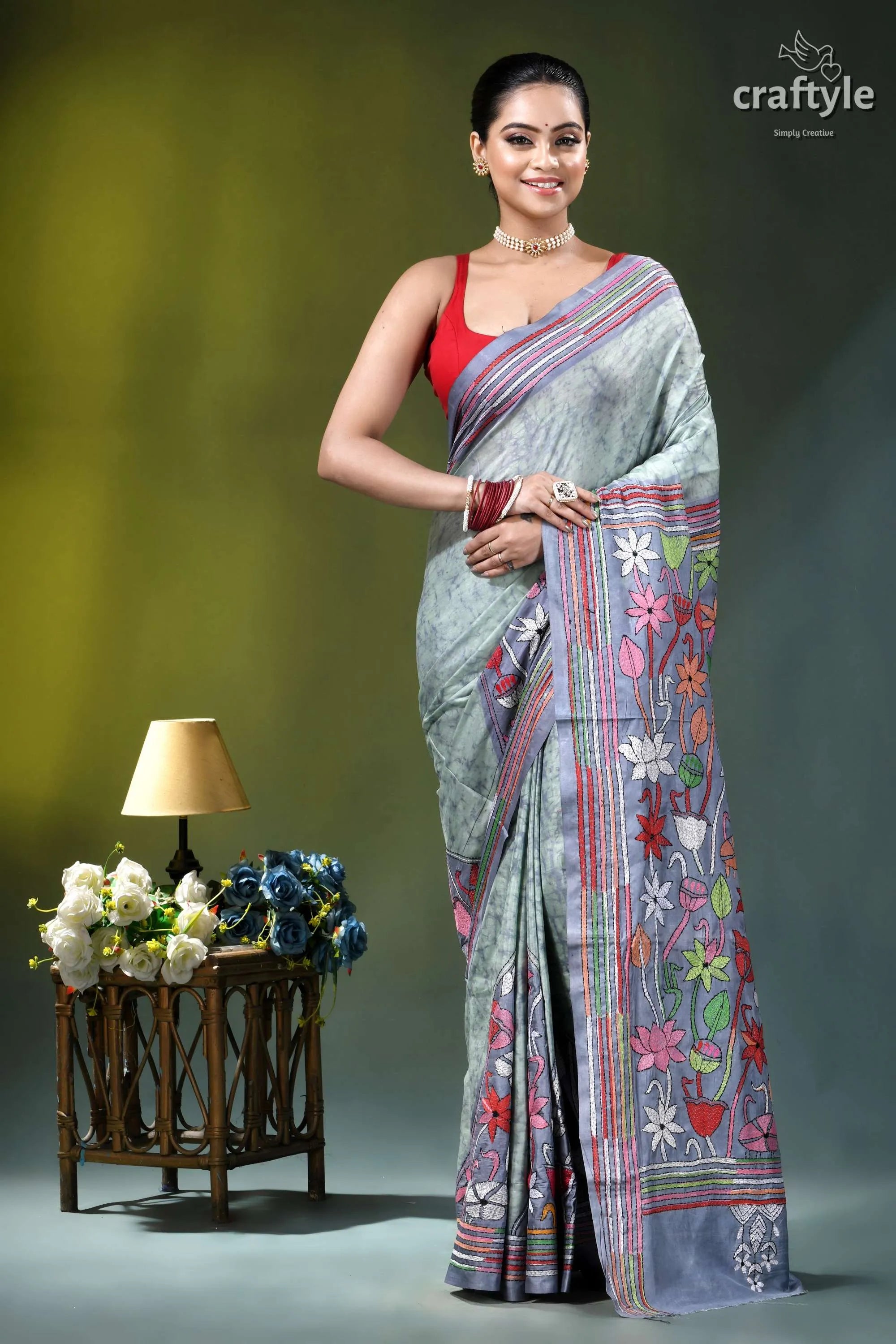 Beautiful floral motif hand batik silk kantha saree in opal light gray saree intricate floral 1