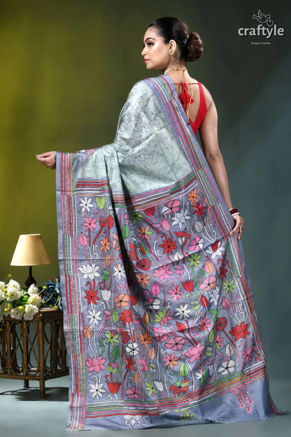 Beautiful floral motif hand batik silk kantha saree in opal light gray silk saree adorned 4
