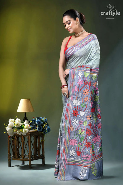 Beautiful floral motif hand batik silk kantha saree in opal light blue silk saree adorned 3