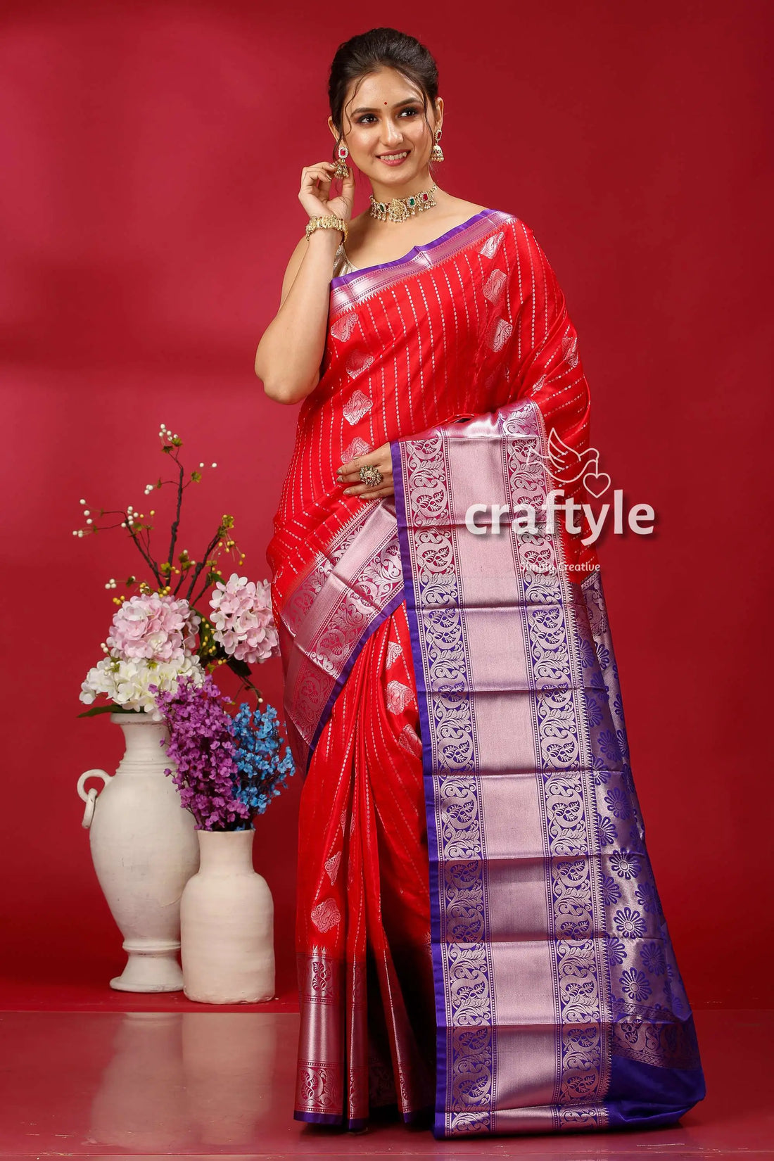 Beautiful imperial red kosha silk saree - soft and comfortable red blue silk saree 1