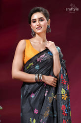 Beautiful lotus motif handmade silk kantha work saree in black black saree vibrant floral embroidery 2