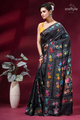 Beautiful lotus motif handmade silk kantha work saree in black black silk saree vibrant colorful 3