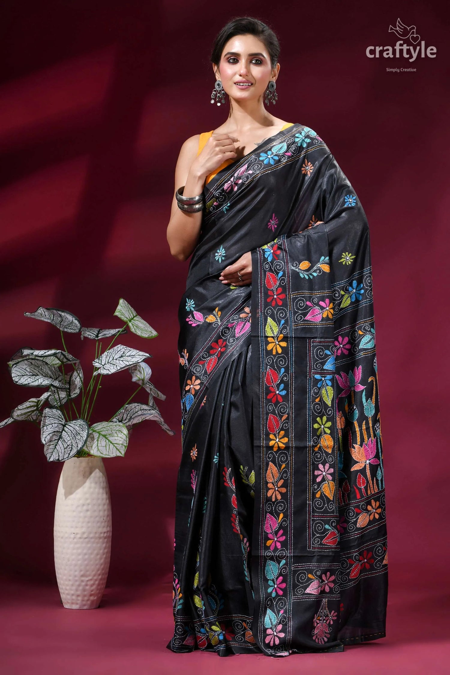 Beautiful lotus motif handmade silk kantha work saree in black black silk saree adorned vibrant 6