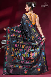 Beautiful lotus motif handmade silk kantha work saree in black black silk saree vibrant multicolored 5