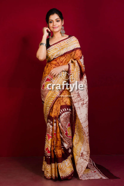 Beautiful Owl Painted Handmade Batik Pure Mulberry Silk Saree - Craftyle