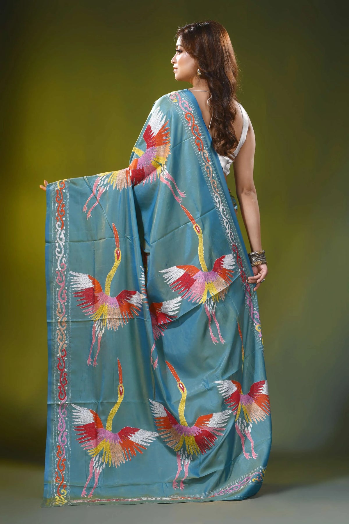 Beetle green silk kantha work saree with multicolor heron design 5