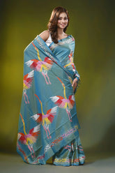 Beetle green silk kantha work saree with multicolor heron design 3