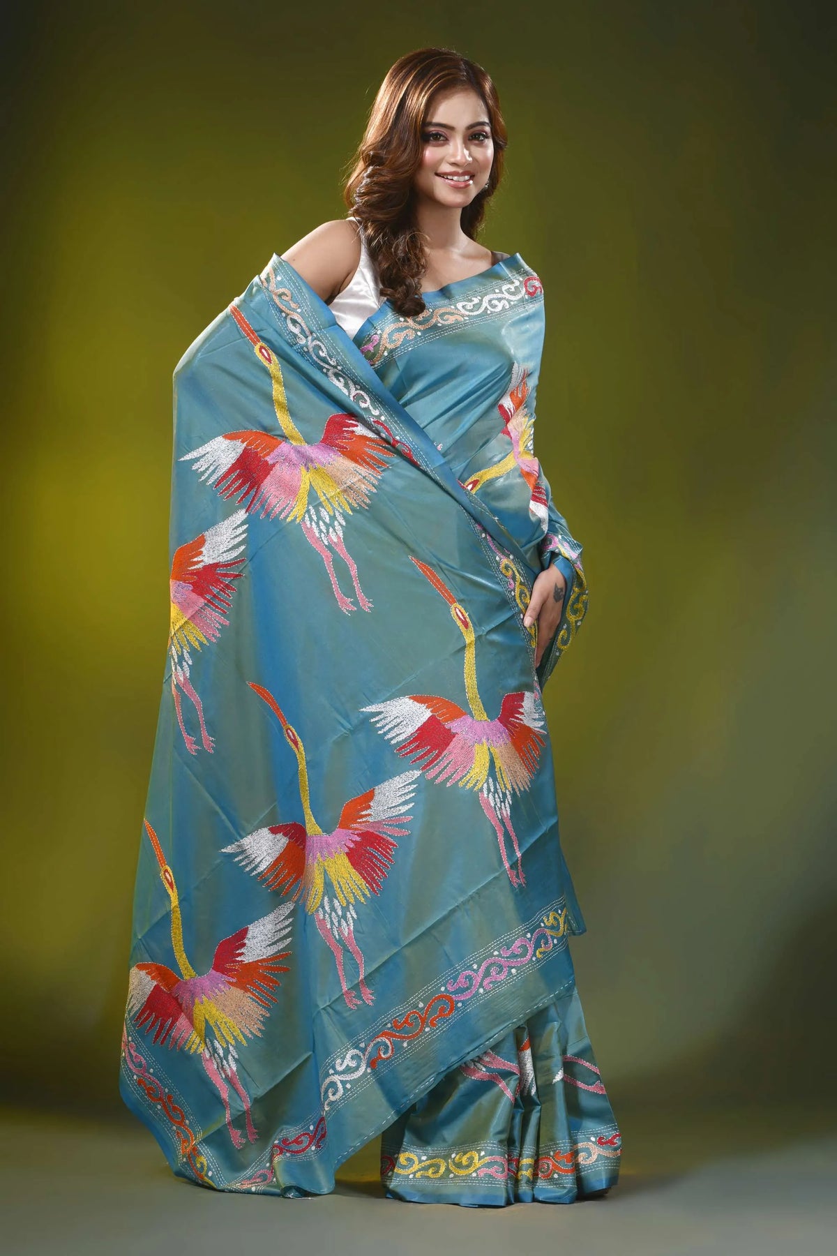 Beetle green silk kantha work saree with multicolor heron design 3