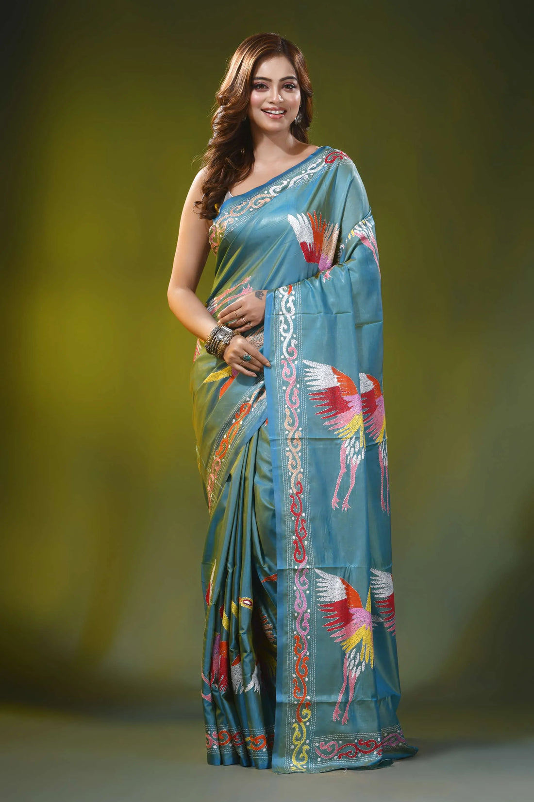 Beetle green silk kantha work saree with multicolor heron design 1