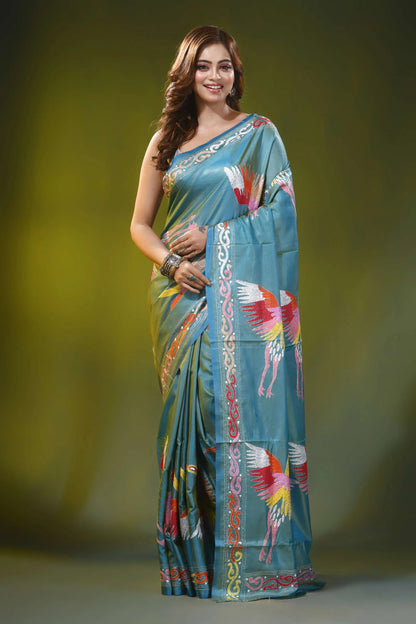 Beetle green silk kantha work saree with multicolor heron design 1