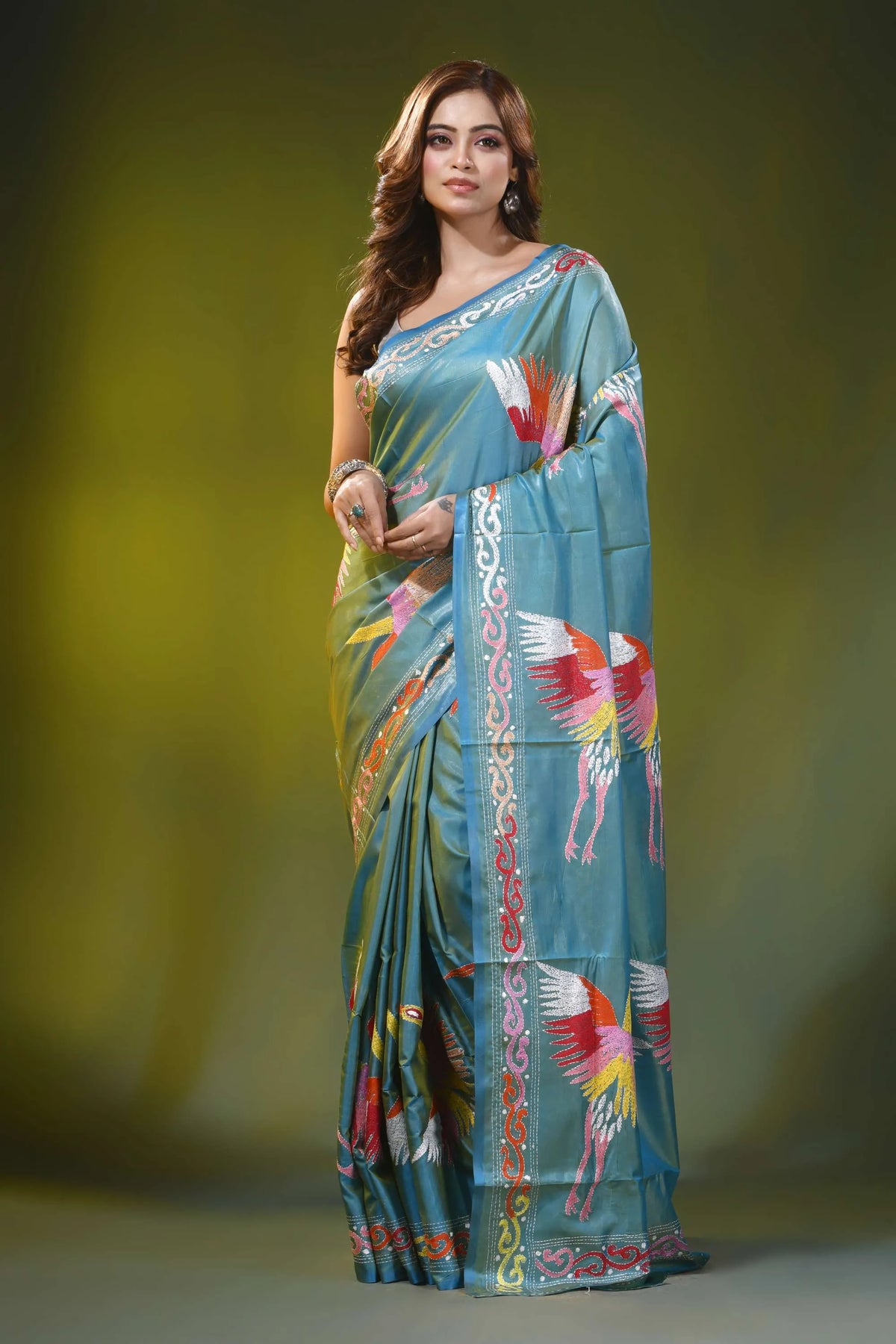 Beetle green silk kantha work saree with multicolor heron design 6