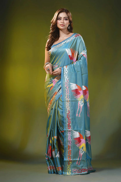 Beetle green silk kantha work saree with multicolor heron design 6