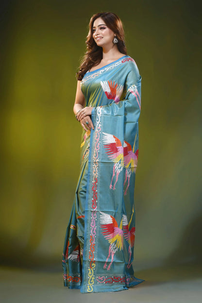Beetle green silk kantha work saree with multicolor heron design 4