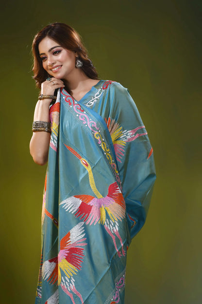 Beetle green silk kantha work saree with multicolor heron design 2