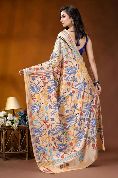 Beige bird motif multicolor hand embroidered kantha silk saree beige silk saree intricate blue 5