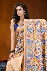 Beige bird motif multicolor hand embroidered kantha silk saree beige silk saree intricate blue 2
