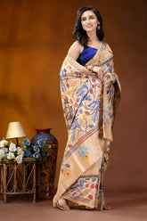 Beige bird motif multicolor hand embroidered kantha silk saree beige silk saree intricate blue 4
