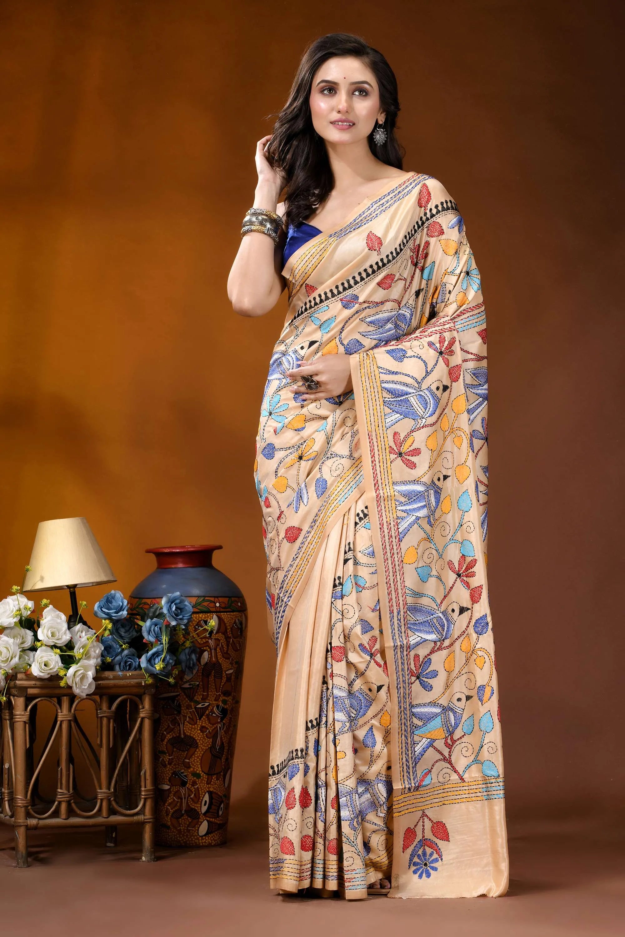 Beige bird motif multicolor hand embroidered kantha silk saree beige silk saree colorful floral 6