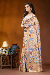 Beige bird motif multicolor hand embroidered kantha silk saree beige silk saree intricate blue 3