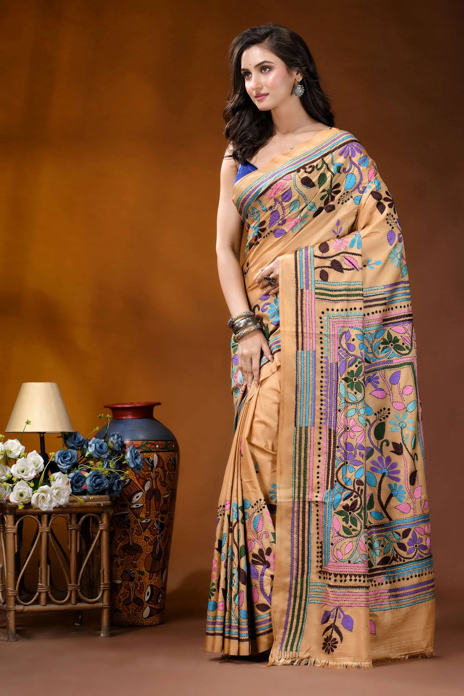 Beige floral motif multicolor handcrafted kantha silk saree beige silk saree intricate multicolored 3