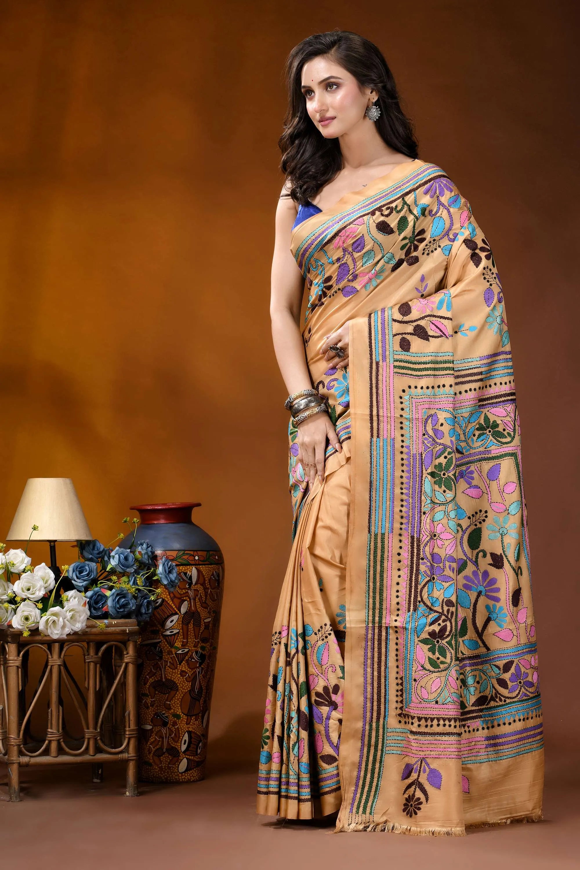Beige floral motif multicolor handcrafted kantha silk saree beige silk saree intricate multicolored 3