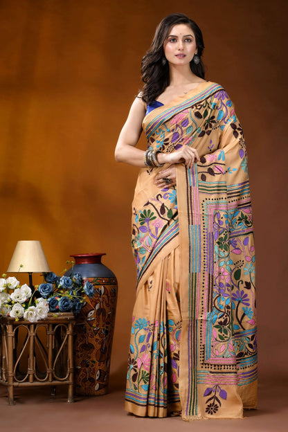 Beige floral motif multicolor handcrafted kantha silk saree beige silk saree intricate floral 7