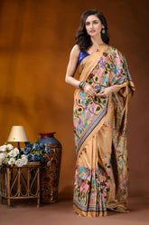 Beige floral motif multicolor handcrafted kantha silk saree woman wears beige silk saree 5